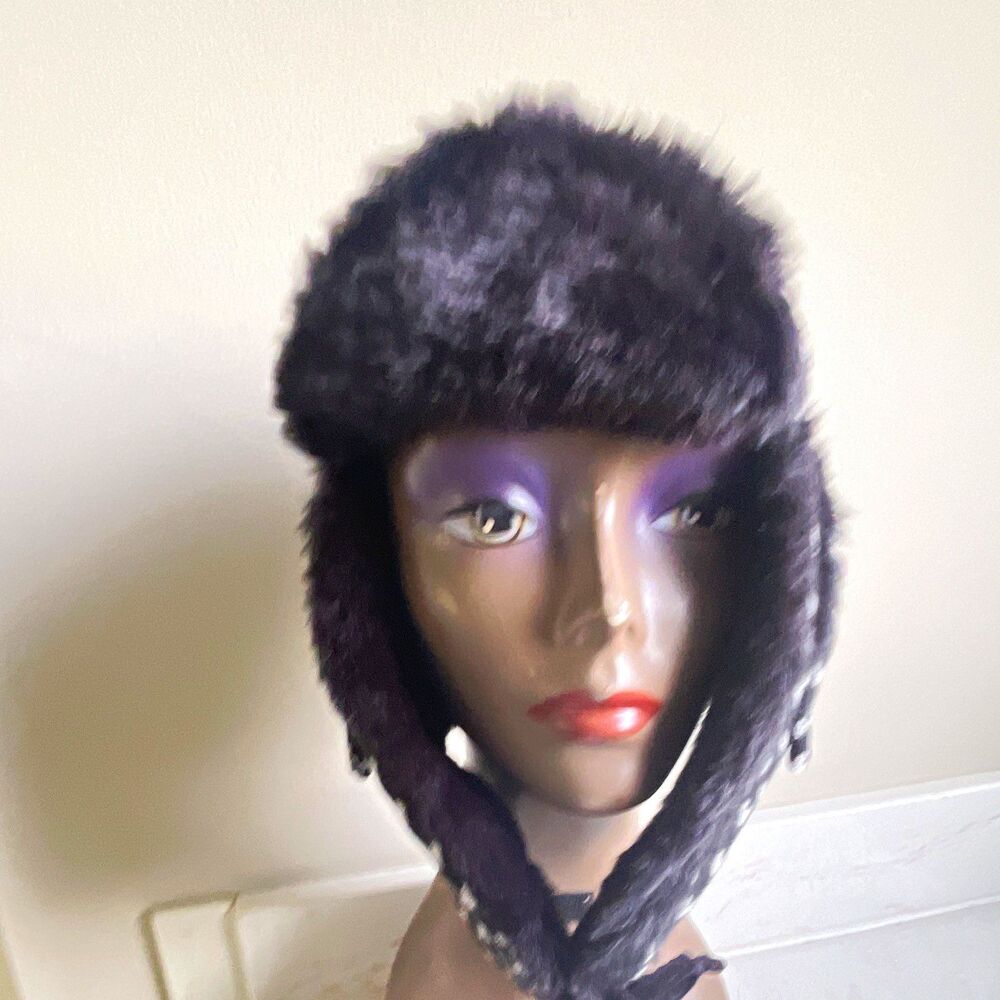 Womens Faux Fur Trapper Hat Heart Pattern Black/White Ear Flap Lined One Size
